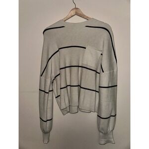 Womens Striped Crew Neck Sweater Long Sleeve Cropped Pocket